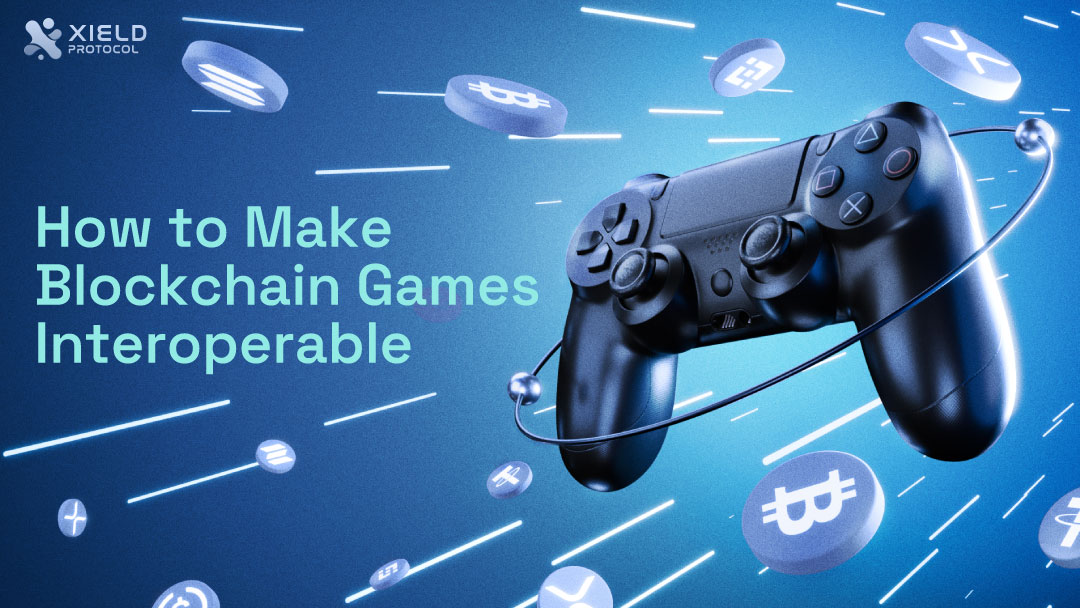 A gaming controller and cryptocurrency symbols illustrate the concept of interoperable blockchain games