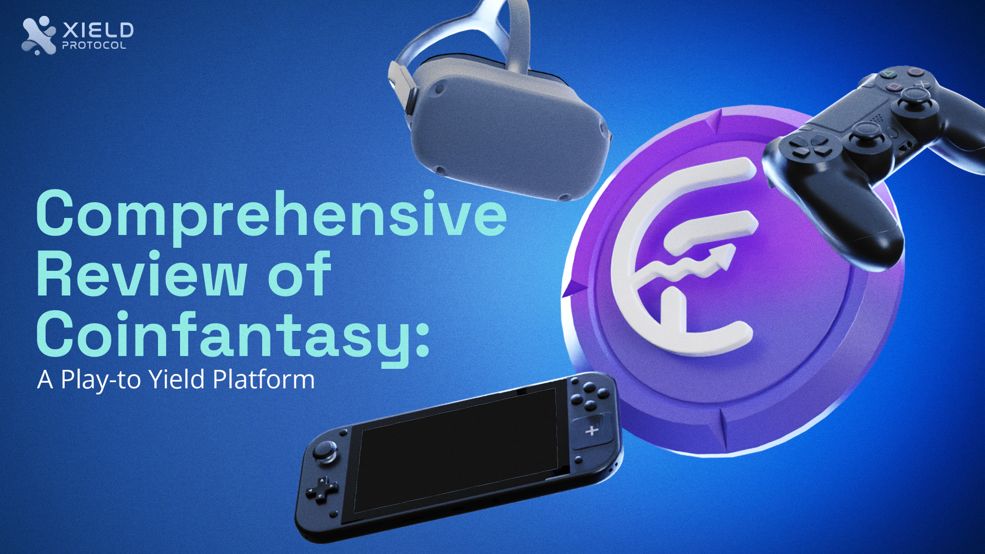 The image shows a virtual reality a PlayStation controller, a Nintendo Switch, and a circular coin with the letter "CF" in the center