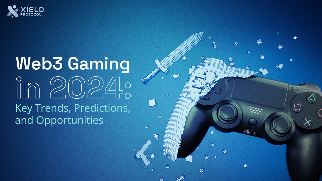 The image shows a PlayStation 4 controller with a pixelated sword and gun on a blue background.