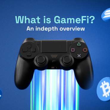 The image shows a Gaming controller flying with crypto coins and stars around it.