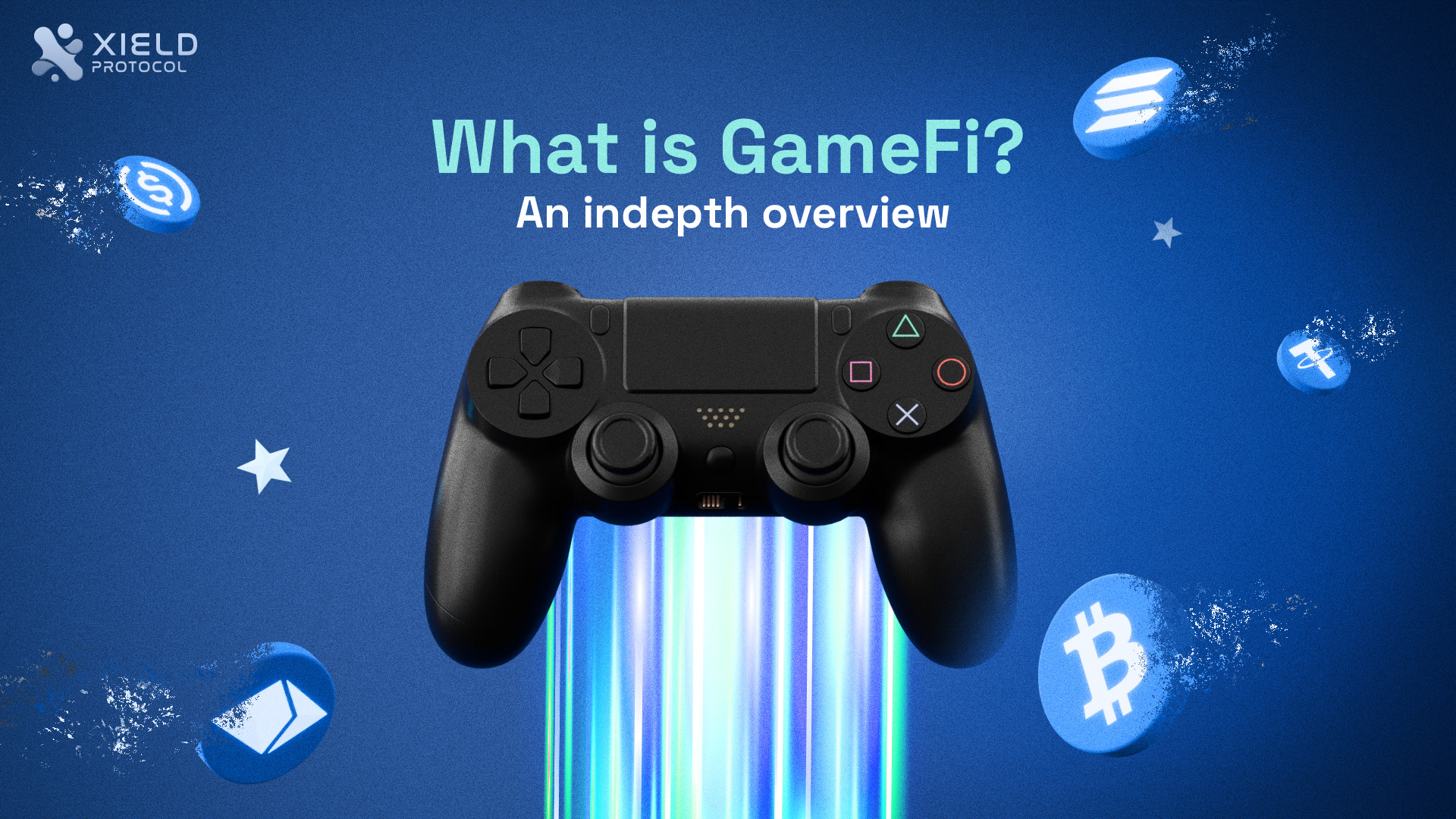 The image shows a Gaming controller flying with crypto coins and stars around it.