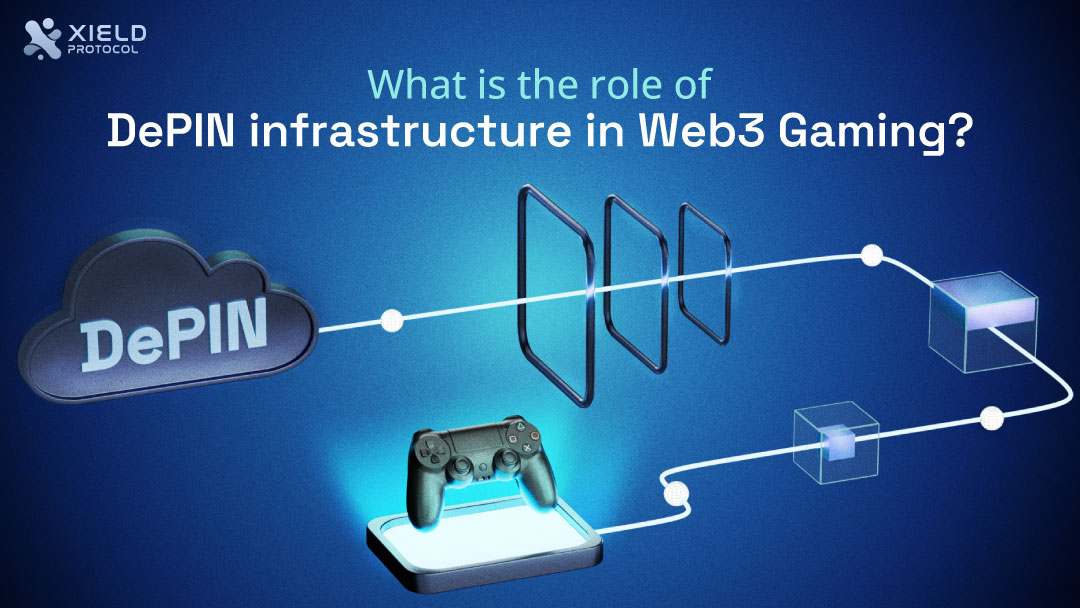 The image shows a PlayStation controller resting on a square platform, connected to a cloud by lines. There are three rectangular shapes and a cube floating in the background.