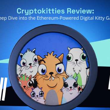 The image shows a review of Cryptokitties, a digital cat game powered by Ethereum, with a group of cartoon cats