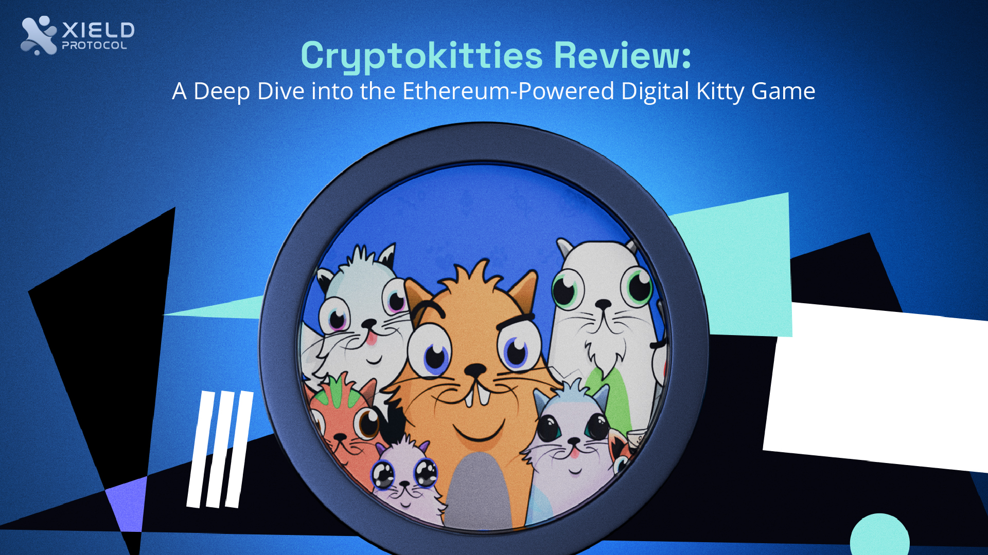 The image shows a review of Cryptokitties, a digital cat game powered by Ethereum, with a group of cartoon cats