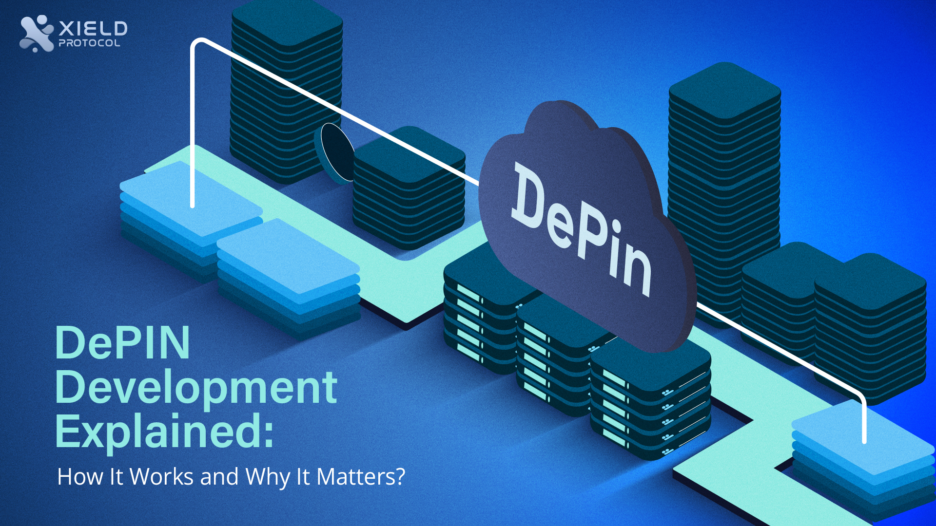 The image shows a cloud with the word "DePIN" on it, floating above a group of skyscrapers.