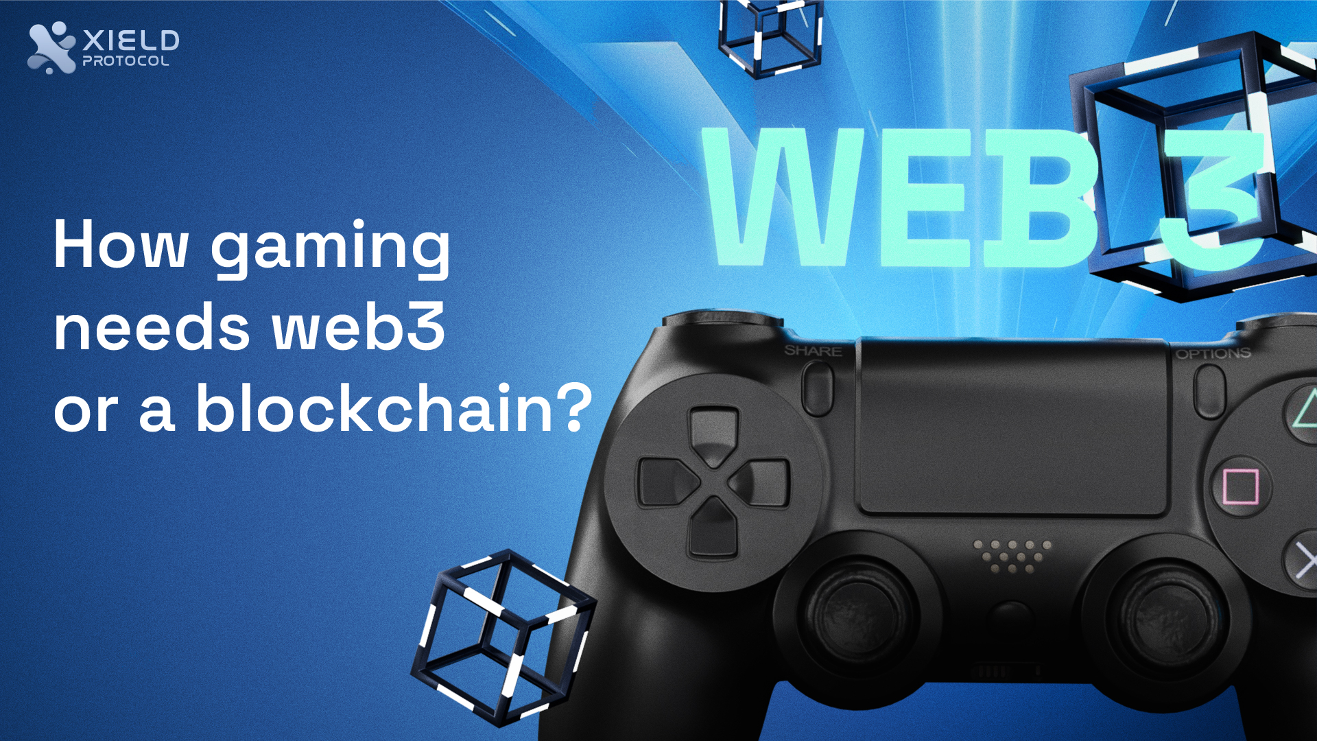 The picture shows a PlayStation controller and the word "WEB 3" on a blue background