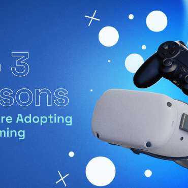 A blue background with white shapes and lines, a PlayStation controller, and a virtual reality headset.