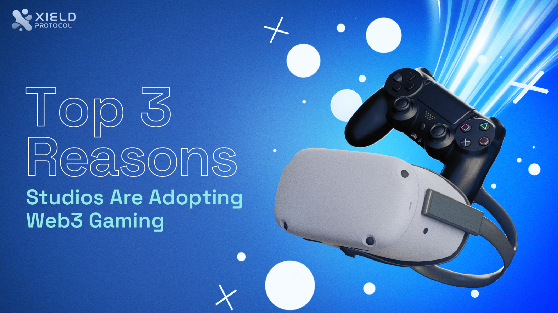 A blue background with white shapes and lines, a PlayStation controller, and a virtual reality headset.